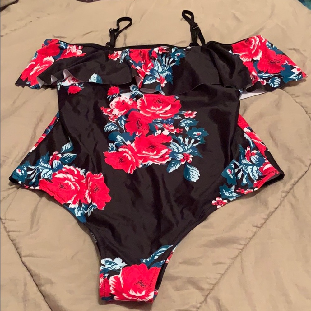 Beautiful bathing suit off the shoulder with roses